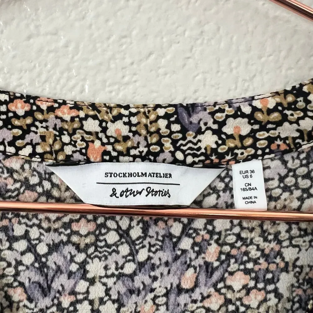 & Other Stories ditsy floral print v neck mini dress button front tan purple